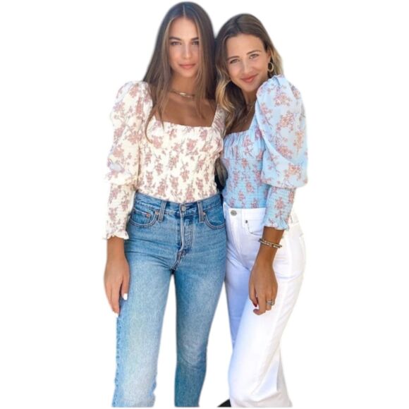 Cistar 90112 Blue Pink Floral Print Square Neck Smocked Top Women's Large - Picture 9 of 9